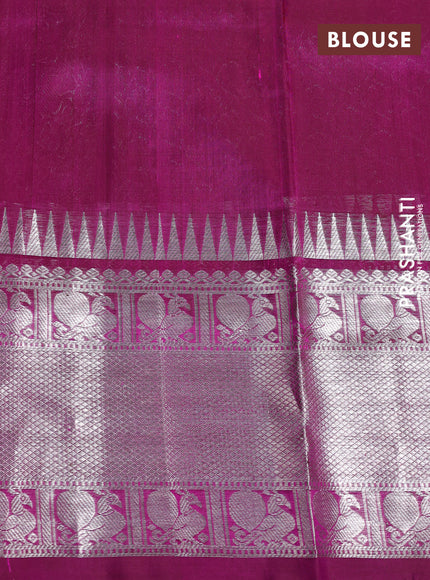 Venkatagiri silk saree dual shade of pinkish orange and purple with allover snall zari checks and long silver zari woven border