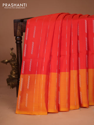 Kanchipuram soft silk saree orange and dual shade of yellow with allover silver zari weaves and silver zari woven border