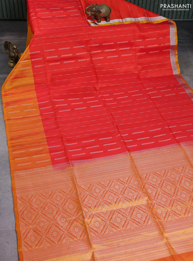 Kanchipuram soft silk saree orange and dual shade of yellow with allover silver zari weaves and silver zari woven border