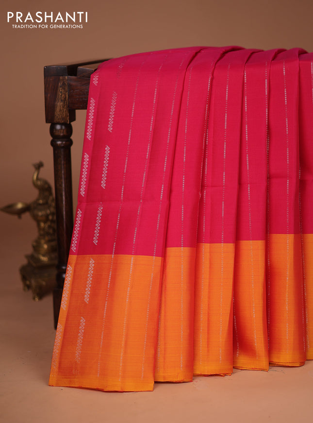 Kanchipuram soft silk saree pink and dual shade of yellow with allover silver zari weaves and silver zari woven border