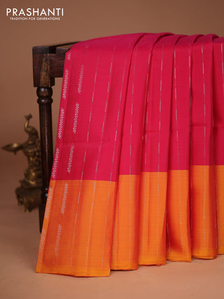 Kanchipuram soft silk saree pink and dual shade of yellow with allover silver zari weaves and silver zari woven border