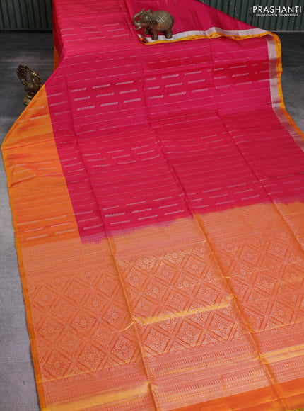 Kanchipuram soft silk saree pink and dual shade of yellow with allover silver zari weaves and silver zari woven border