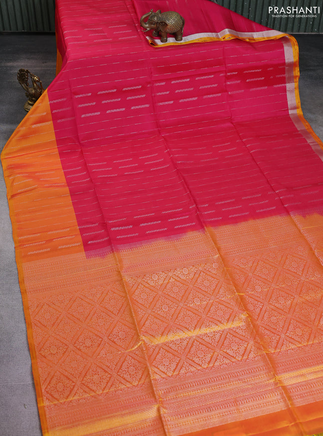 Kanchipuram soft silk saree pink and dual shade of yellow with allover silver zari weaves and silver zari woven border