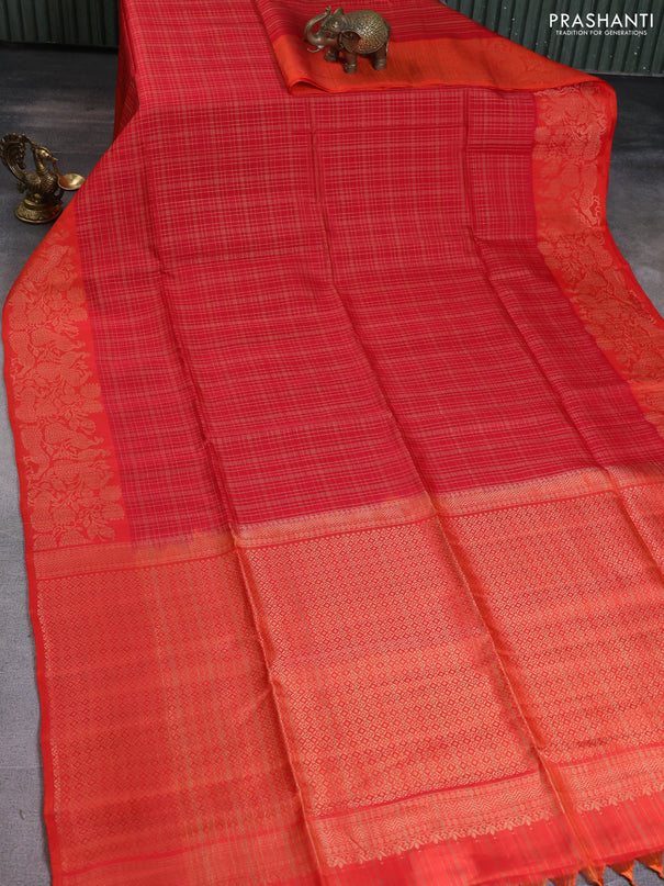 Kanchipuram soft silk saree red and orange with allover zari woven checked pattern and peacock design zari woven border
