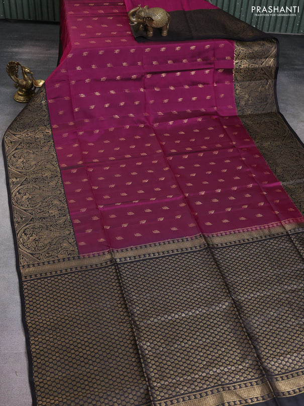 Kanchipuram soft silk saree purple and black with zari woven buttas and long zari woven border