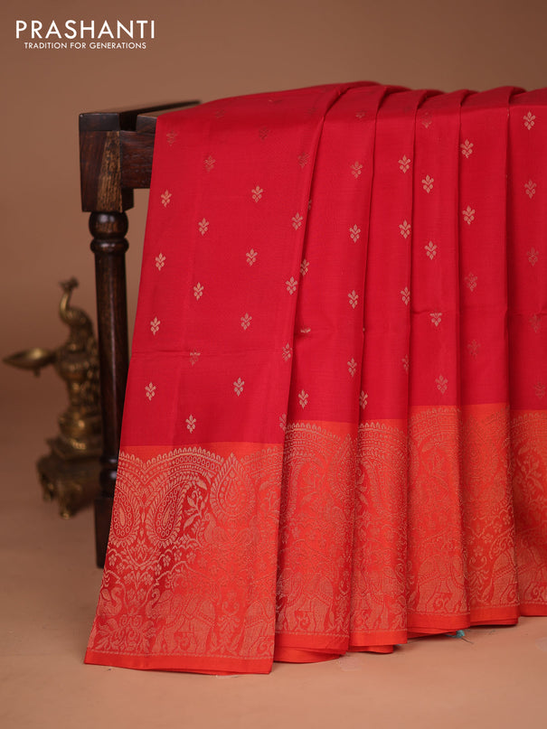 Kanchipuram soft silk saree red and dual shade of orange with zari woven buttas and long zari woven border
