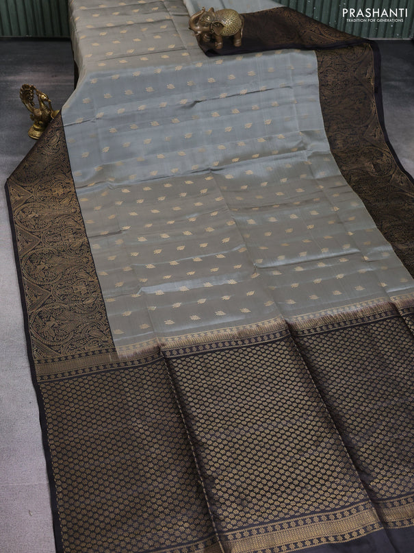 Kanchipuram soft silk saree grey and deep coffee brown with zari woven buttas and long zari woven border