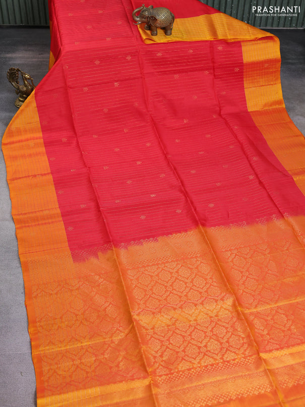 Kanchipuram soft silk saree red and dual shade of yellow with allover zari weaves and zari woven checked border