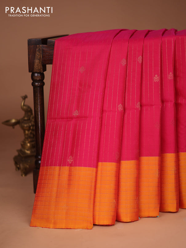 Kanchipuram soft silk saree pink and dual shade of yellow with allover zari weaves and zari woven checked border