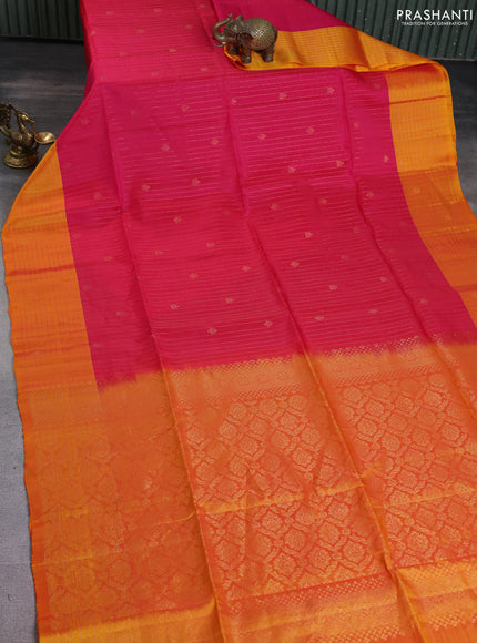 Kanchipuram soft silk saree pink and dual shade of yellow with allover zari weaves and zari woven checked border