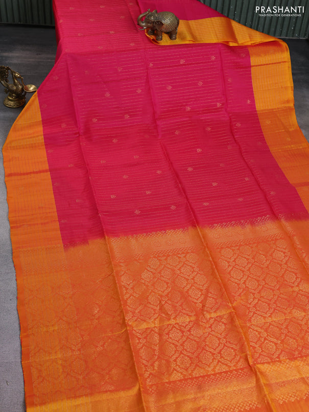 Kanchipuram soft silk saree pink and dual shade of yellow with allover zari weaves and zari woven checked border