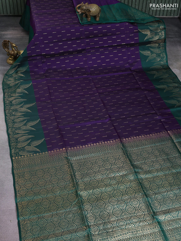 Kanchipuram soft silk saree violet and peacock green with allover zari woven buttas and long zari woven leaf border