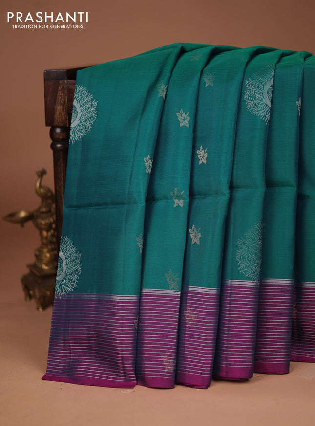Kanchipuram soft silk saree peacock green and dual shade of magenta with zari woven buttas and zari woven border