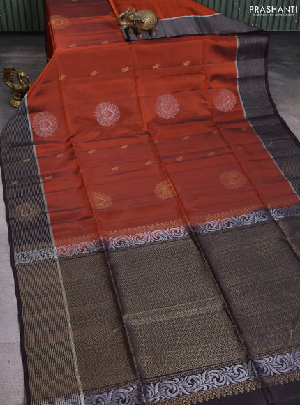 Kanchipuram soft silk saree rust shade and wine shade with zari woven buttas and zari woven border