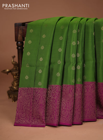 Kanchipuram soft silk saree green and purple with allover zari woven buttas and long zari woven border