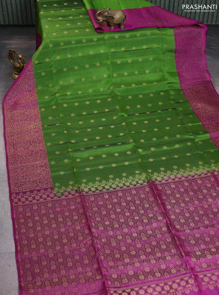 Kanchipuram soft silk saree green and purple with allover zari woven buttas and long zari woven border