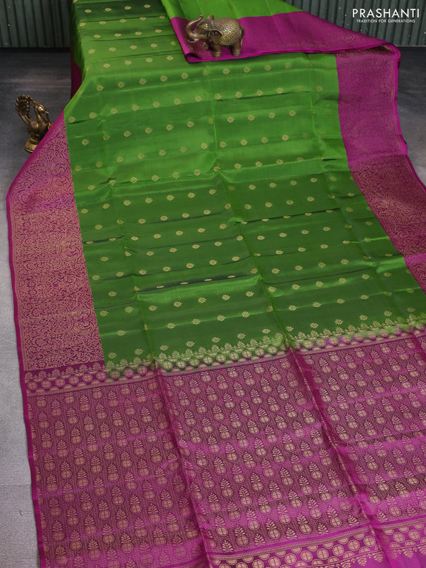 Kanchipuram soft silk saree green and purple with allover zari woven buttas and long zari woven border