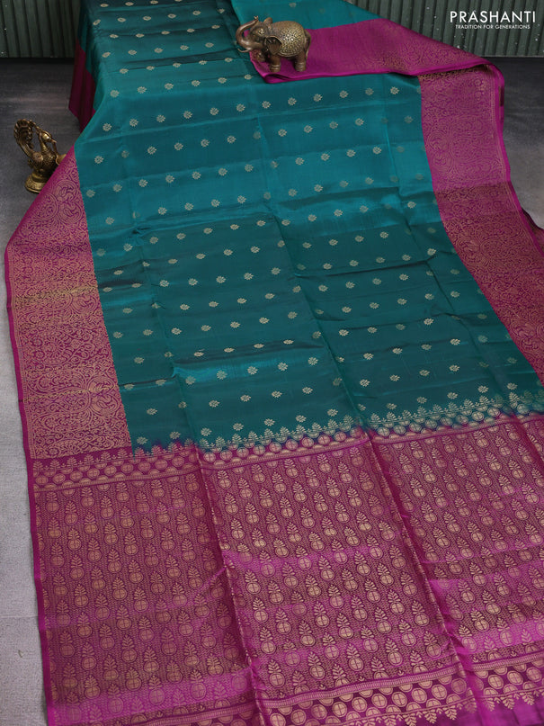 Kanchipuram soft silk saree peacock green and purple with allover zari woven buttas and long zari woven border