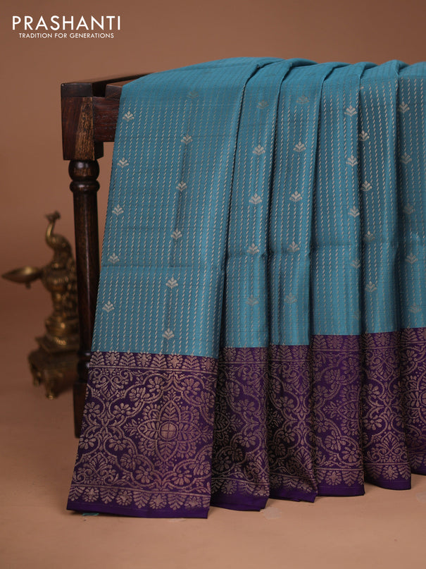 Kanchipuram soft silk saree pastel blue shade and violet with allover zari woven brocade weaves and long zari woven border