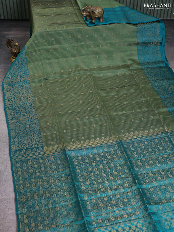 Kanchipuram soft silk saree pastel green shade and teal green with allover zari woven brocade weaves and long zari woven border