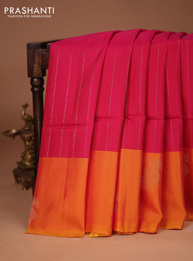 Kanchipuram soft silk saree pink and dual shade of yellow with allover silver zari weaves and long silver zari woven annam border