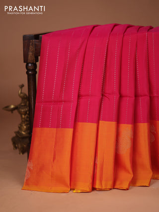 Kanchipuram soft silk saree pink and dual shade of yellow with allover silver zari weaves and long silver zari woven annam border