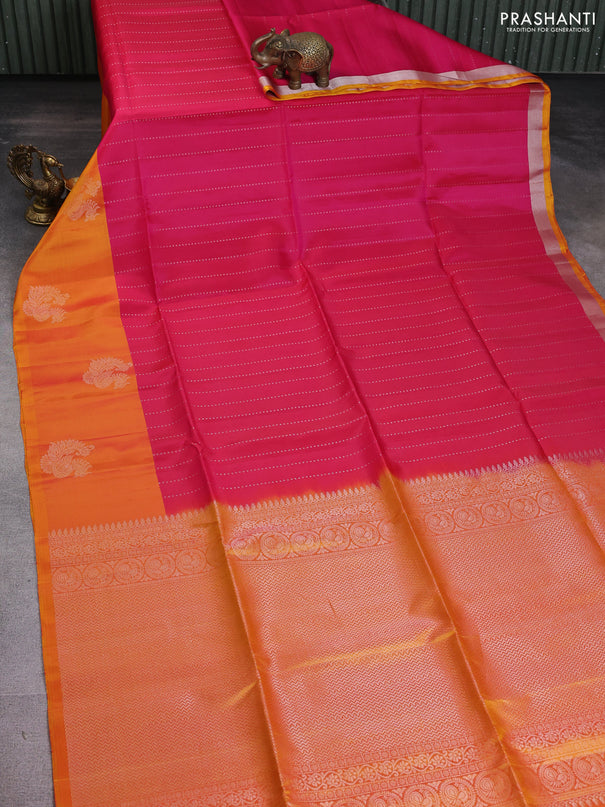 Kanchipuram soft silk saree pink and dual shade of yellow with allover silver zari weaves and long silver zari woven annam border