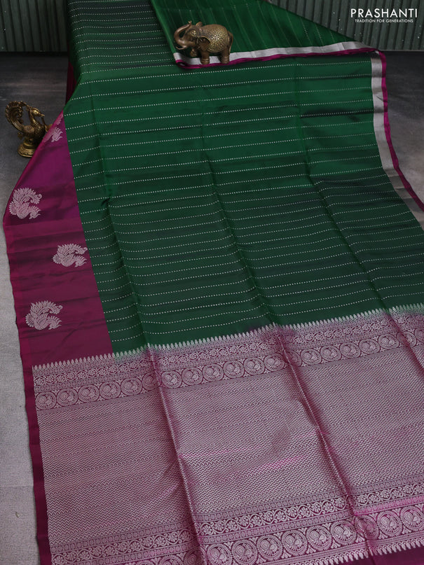 Kanchipuram soft silk saree green and purple with allover silver zari weaves and long silver zari woven annam border