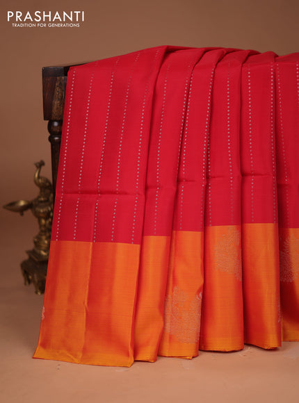 Kanchipuram soft silk saree red and dual shade of mango yellow with allover silver & gold zari weaves and zari woven butta border
