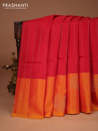 Kanchipuram soft silk saree red and dual shade of mango yellow with allover silver & gold zari weaves and zari woven butta border