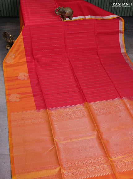 Kanchipuram soft silk saree red and dual shade of mango yellow with allover silver & gold zari weaves and zari woven butta border