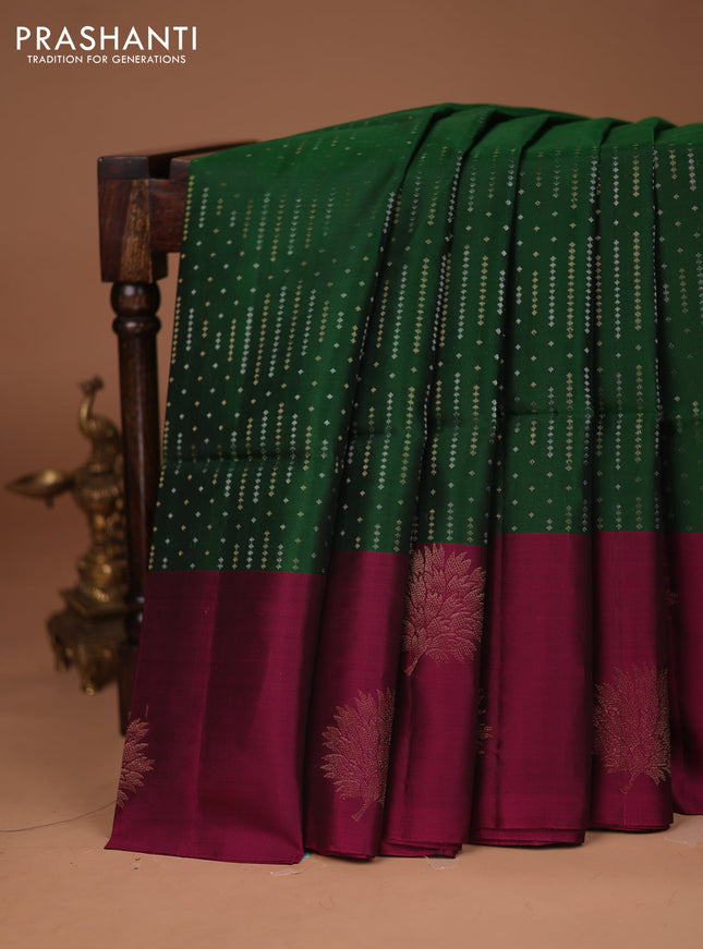 Kanchipuram soft silk saree green and dark magenta pink with allover silver & gold zari weaves and zari woven butta border
