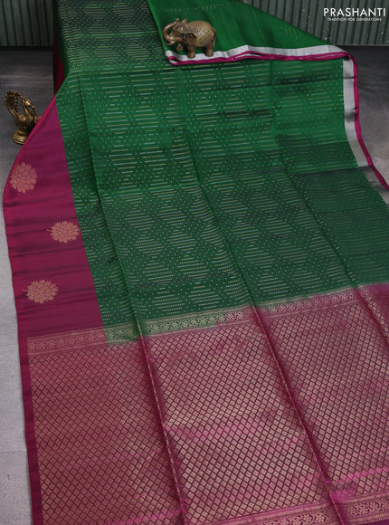 Kanchipuram soft silk saree green and dark magenta pink with allover silver & gold zari weaves and zari woven butta border