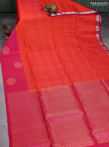 Kanchipuram soft silk saree orange and pink with allover silver & gold zari weaves and zari woven butta border