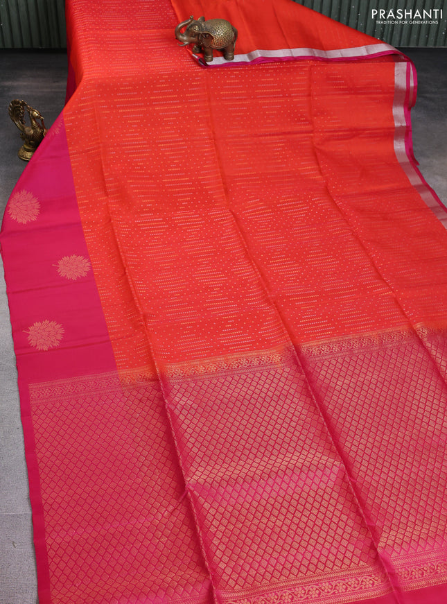 Kanchipuram soft silk saree orange and pink with allover silver & gold zari weaves and zari woven butta border