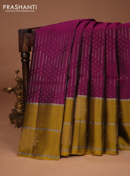 Kanchipuram soft silk saree purple and mustard yellow with allover silver & gold zari weaves and zari woven butta border