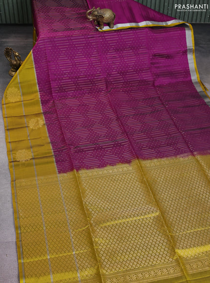 Kanchipuram soft silk saree purple and mustard yellow with allover silver & gold zari weaves and zari woven butta border