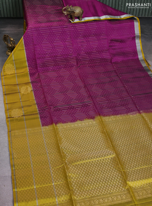 Kanchipuram soft silk saree purple and mustard yellow with allover silver & gold zari weaves and zari woven butta border