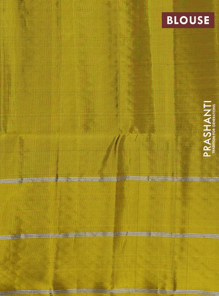 Kanchipuram soft silk saree purple and mustard yellow with allover silver & gold zari weaves and zari woven butta border