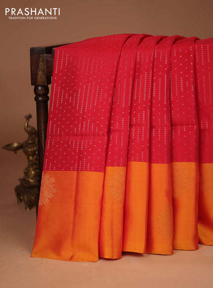 Kanchipuram soft silk saree red and dual shade of mango yellow with allover silver & gold zari weaves and zari woven butta border