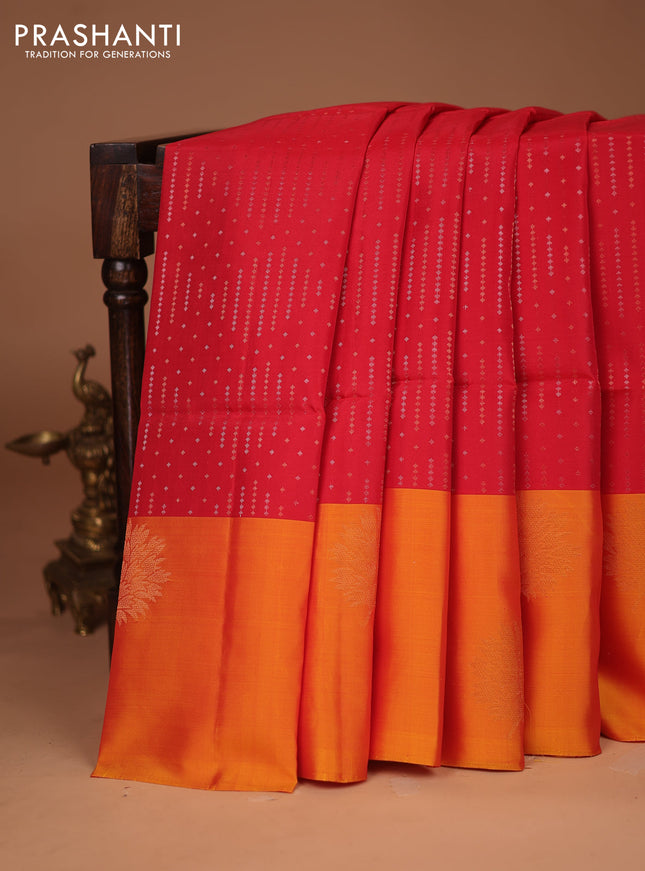 Kanchipuram soft silk saree red and dual shade of mango yellow with allover silver & gold zari weaves and zari woven butta border