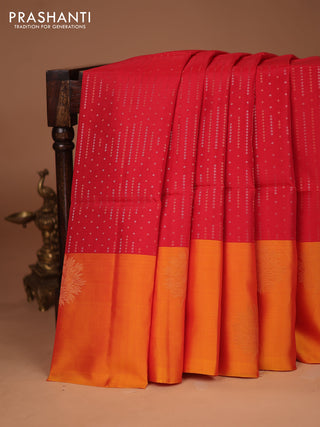 Kanchipuram soft silk saree red and dual shade of mango yellow with allover silver & gold zari weaves and zari woven butta border