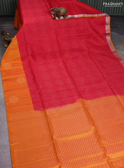 Kanchipuram soft silk saree red and dual shade of mango yellow with allover silver & gold zari weaves and zari woven butta border
