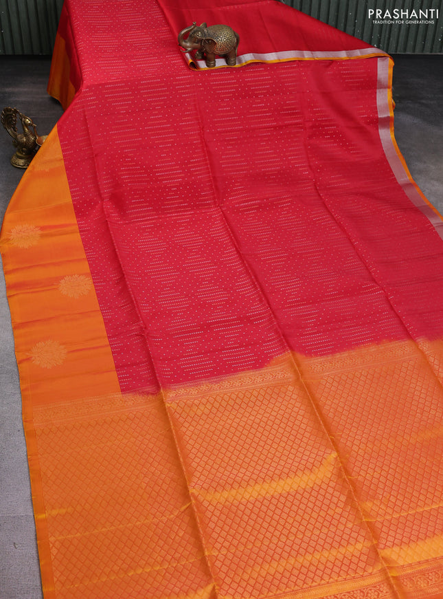 Kanchipuram soft silk saree red and dual shade of mango yellow with allover silver & gold zari weaves and zari woven butta border
