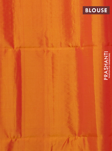 Kanchipuram soft silk saree red and dual shade of mango yellow with allover silver & gold zari weaves and zari woven butta border