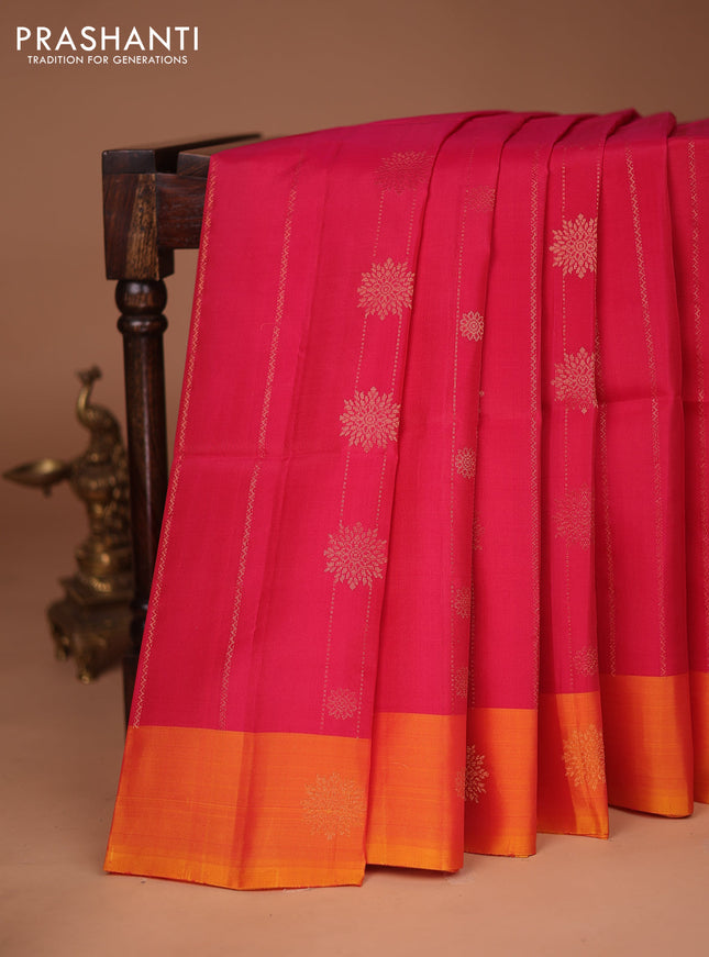 Kanchipuram soft silk saree pink and dual shade of mango yellow with allover zari weaves and zari woven butta border