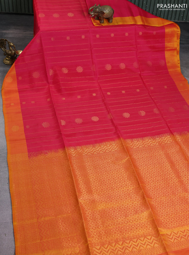 Kanchipuram soft silk saree pink and dual shade of mango yellow with allover zari weaves and zari woven butta border