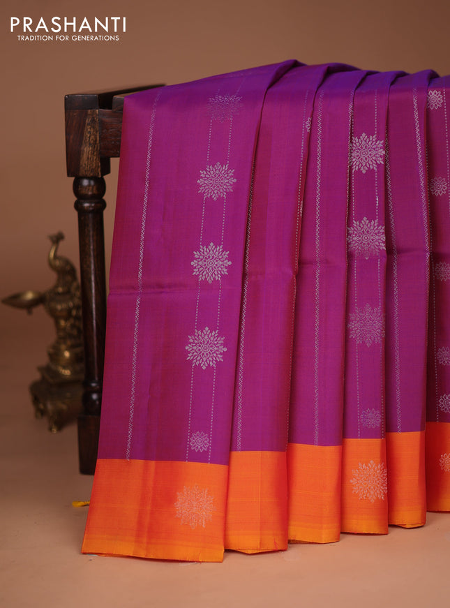 Kanchipuram soft silk saree purple and dual shade of mango yellow with allover silver zari weaves and silver zari woven border
