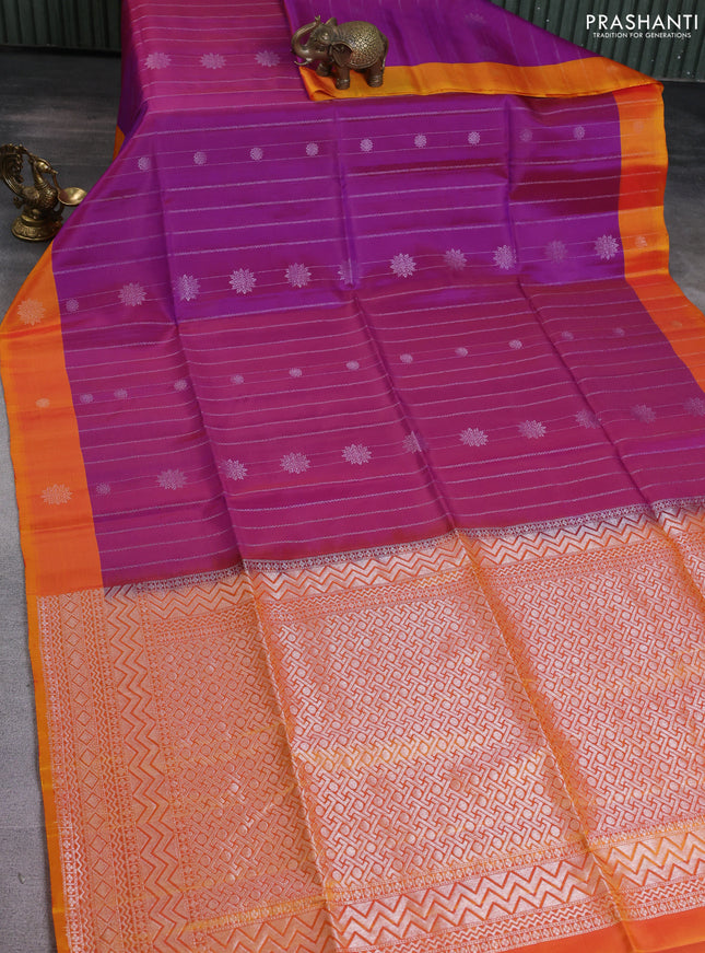Kanchipuram soft silk saree purple and dual shade of mango yellow with allover silver zari weaves and silver zari woven border