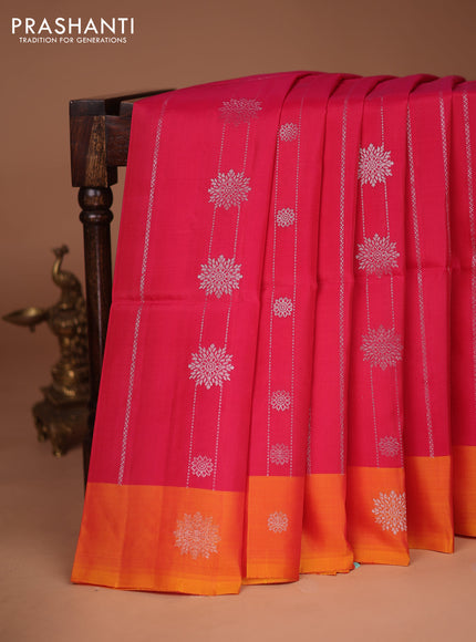 Kanchipuram soft silk saree pink and dual shade of yellow with allover silver zari weaves and silver zari woven border